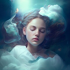 Beautiful dreamy girl floating in water with veils and waves. Digital Art Illustration
