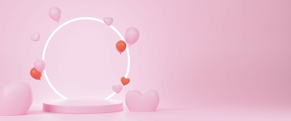 Happy Valentine's Day holiday banner. Greeting background with abstract 3d composition for Valentine's Day. 3d render illustration with hearts, balloons on podium with neon circle.