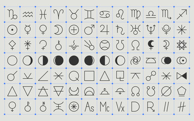 Zodiac, astrology elements, solar system, moon phases horoscope thin line label linear design esoteric stylized elements symbols signs. Vector illustration icons