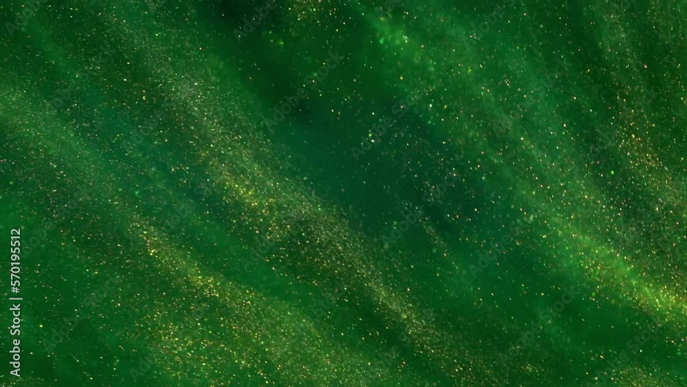 Wall mural a movement of gold dust particles in green fluid. a moving, flowing, stream of golden particles in s