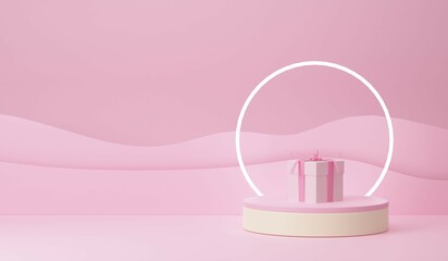 Pink 3d podium studio. Abstract modern stylish realistic design round stand with gift box, neon light ring. Background for birthday, anniversary, sale, wedding. Web banner. 3d rendering