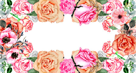 Cornice floreale con rose fiorite, illustrazione vintage isolata su sfondo bianco 