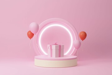 Happy Valentine's Day card. Holiday background with red and pink ballon, neon circle, round stage, realistic box. 3d render object.