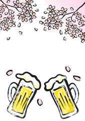 和風筆書き　桜の下でビールで乾杯