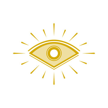 Golden yellow eye of providence (All seeing eye) with light ray magic boho icon flat vector design.