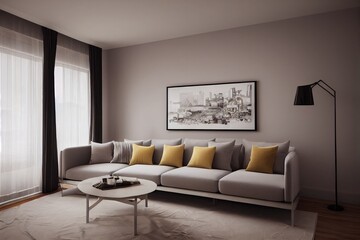 Elegant and comfortable designed living room with big corner sofa. Interior design modern apartment. Generative AI.