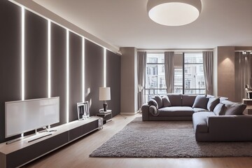 Elegant and comfortable designed living room with big corner sofa. Interior design modern apartment. Generative AI.