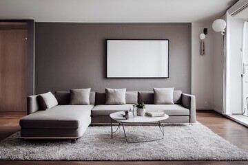 Elegant and comfortable designed living room with big corner sofa. Interior design modern apartment. Generative AI.