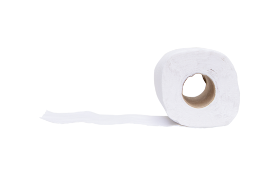 Toilet paper roll sanitary and household Isolated on cutout PNG. Close up detail of one single clean toilet paper roll. Tissue is lightweight paper or light crepe paper used all over the world. 