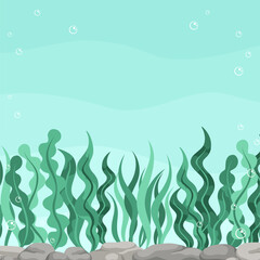 Underwater scene with seaweed backdrop. Marine life vector design template. Backgrounds with copy space for text for banners, social media stories