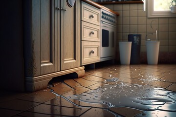 A close up of the kitchen's waterlogged floor. Generative AI