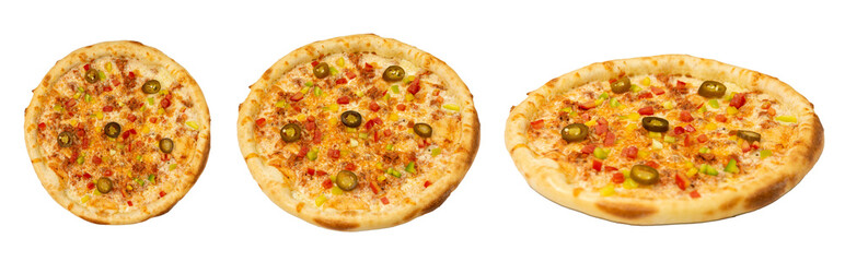 isolated spicy meat pizza for menu set of different views. italian cuisine, fresh pizza.