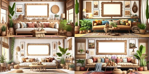 Mockup frame in interior background, room in warm tone, Scandi-Boho style, Generative AI