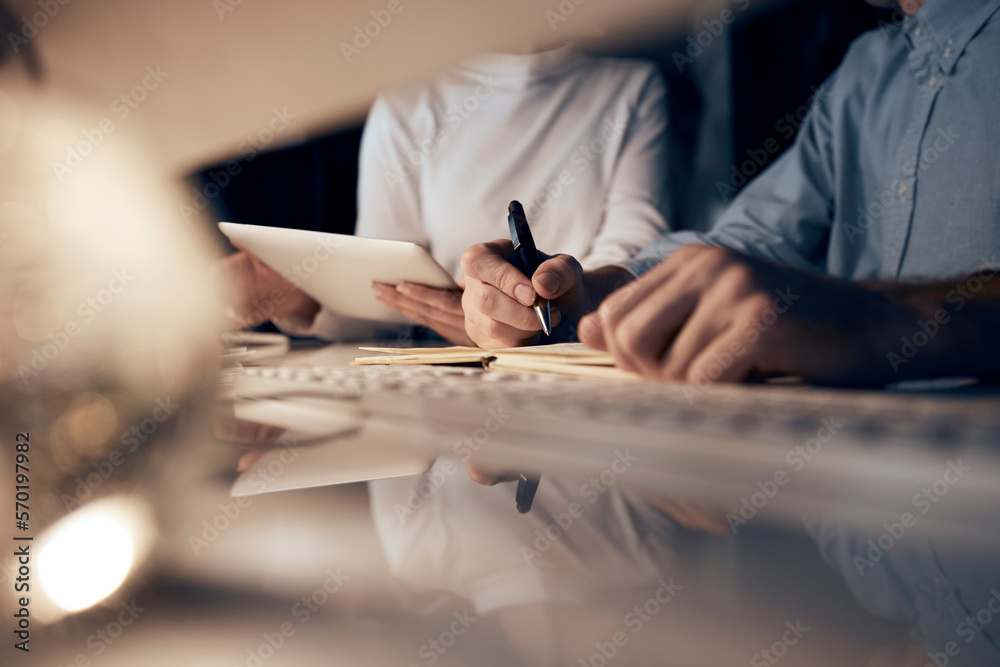 Poster Tablet, night research or programmer team writing for cybersecurity, app coding or data analysis. Hands, developer or collaboration on tech for software code, programming or startup analytics review