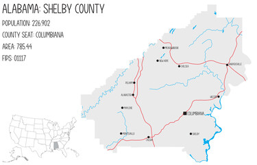 Large and detailed map of Shelby county in Alabama, USA.