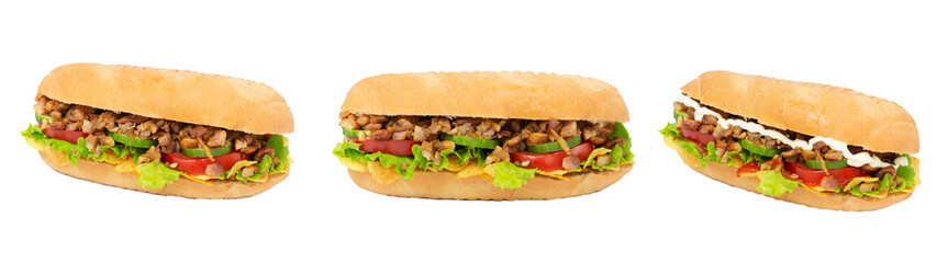 set of different views of isolated Baguette sandwich with beef, vegetables and chips. Sandwich with meat and light mayonnaise. 
