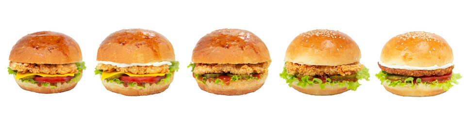 Set of delicious juicy different types of burgers for fast food menu. Fish burger, chicken burger. Different served burgers. Hamburger, cheeseburger.