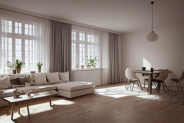 Fototapeta premium Stylish scandinavian composition of living room with design armchair, mock up poster frame, personal accessories in modern home decor. Generative AI.