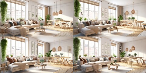 Stylish scandinavian composition of living room with design armchair, mock up poster frame, personal accessories in modern home decor. Generative AI.