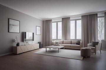 Elegant and comfortable designed living room with big corner sofa. Interior design modern apartment. Generative AI.