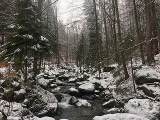 Górski potok zimą