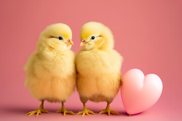 Fototapeta premium Cute chicken couple holding valentine heart shape balloon on pastel background. Photograph of Valentine's day card with adorable chickens. Generative AI