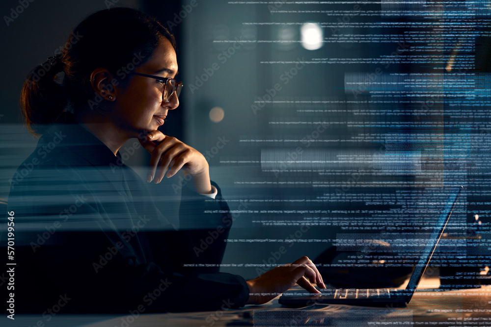 Fototapete Programming, coding and thinking with woman at laptop with hologram overlay for software, idea and digital at night. Data analytics, technology and future with employee for media, database and matrix
