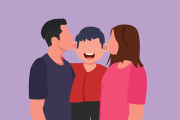 Cartoon flat style drawing parents kissing their little boy on his cheeks. Adorable child with an innocent expression. National children day. Happy family with love. Graphic design vector illustration