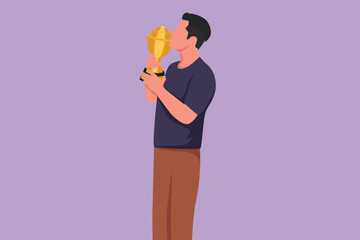 Character flat drawing successful young male athlete wearing jersey kissing trophy after winning world sports competition. Proud and unforgettable moment of victory. Cartoon design vector illustration