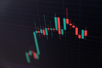 Stockmarket online trading chart candlestick on crypto currency platform. Stock exchange financial market price candles graph data pattern analysis concept. Computer screen closeup background