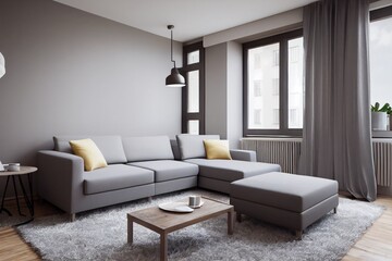 Fototapeta na wymiar Elegant and comfortable designed living room with big corner sofa. Interior design modern apartment. Generative AI.