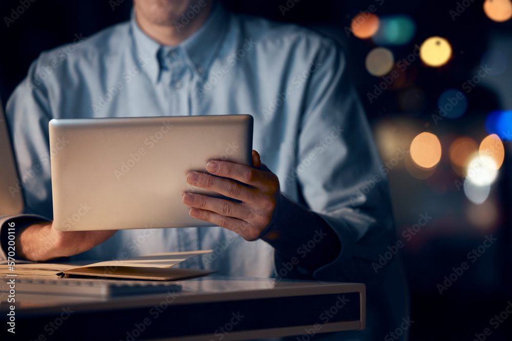 Poster hands, tablet and business man in office working late on project, email or research at night. bokeh,