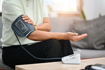 Fototapeta premium Senior woman measuring blood pressure with digital pressure gauge at home. Health care, high pressure issue concept