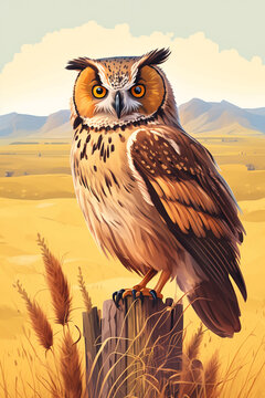 Majest&auml;tische Eule in goldener Landschaft als detailreiche Tierillustration