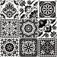 Mexican talavera tiles vector seamless pattern with flowers leaves, hearts and swirls - black and white big set, repetitive design styled as Mexican ornamental tiles
