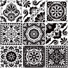 Tapeten Mexican talavera tiles vector seamless pattern with flowers leaves, hearts and swirls - black and white big set, repetitive design styled as Mexican ornamental tiles  © redkoala