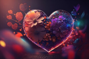 Colorful 3d Valentine Hearts with Flowers Elements and Bokeh Effect generative ai
