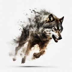 wolf attacking,running, jumping,action pose,tattoo, White background Generative AI