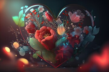 Colorful 3d Valentine Hearts with Flowers Elements and Bokeh Effect generative ai