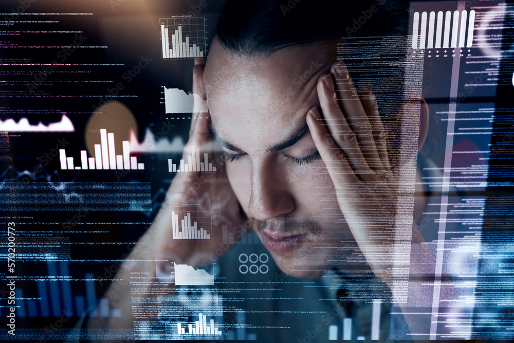 Aufkleber headache, night or overlay man programmer with hologram charts, futuristic information or 404 error 