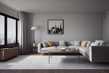 Elegant and comfortable designed living room with big corner sofa. Interior design modern apartment. Generative AI.