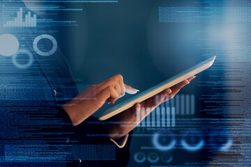 Hand, tablet and overlay in night at office for analysis, holographic web design or tech innovation. Woman, mobile touchscreen and iot with 3d hologram ux, search or typing on website ui in workplace