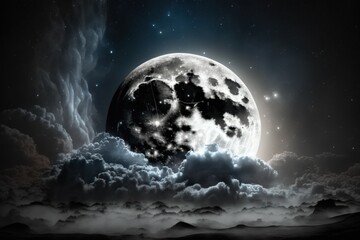 Tragic night sky with a full moon and shining stars. Generative AI