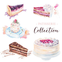 Big set: patisserie and desserts, tea and coffee time. Watercolor hand drawn collection with realistic drawings and ink sketches. Coffeeshop bakeshop design elements isolated transparent background.