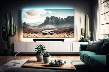 Living room with big tv screen. Generative ai.
