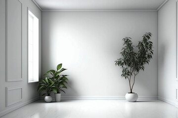 White Wall Empty Room with Plants on a Floor 3d Made with Generative AI