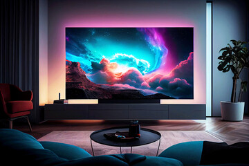 Elegant living room with big tv screen. Generative ai. - obrazy, fototapety, plakaty