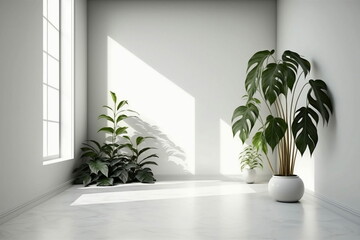 White Wall Empty Room with Plants on a Floor 3d Made with Generative AI