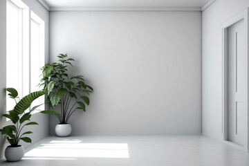 White Wall Empty Room with Plants on a Floor 3d Made with Generative AI