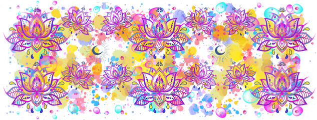 Fototapeta na wymiar Flower arrangement of flowers watercolour bubbles, lotus ,motifs yoga, tattoo and oriental styles. Pastel shades, romantic pattern for wedding, holiday, birthday.